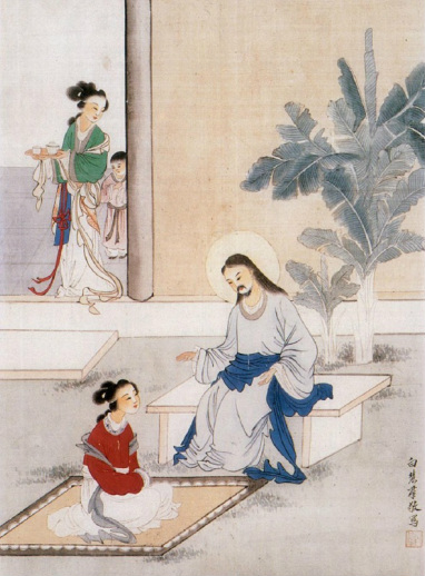 Jesus in the home of Martha and Mary; Chinese art